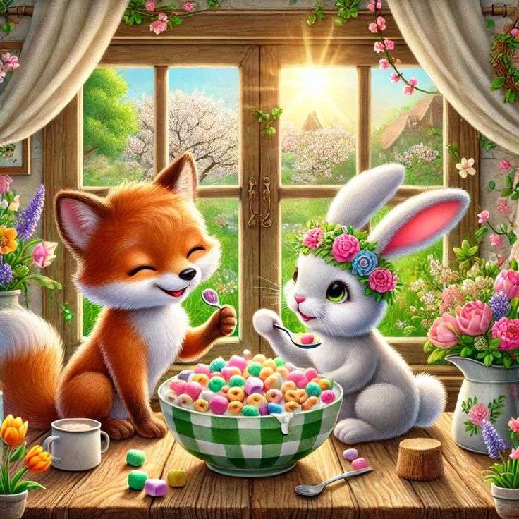 Lis i króliczek jedzą płatki puzzle online