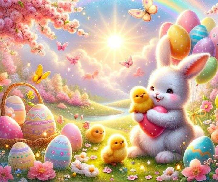 Świątecznie z zajączkiem i kurczętami puzzle online