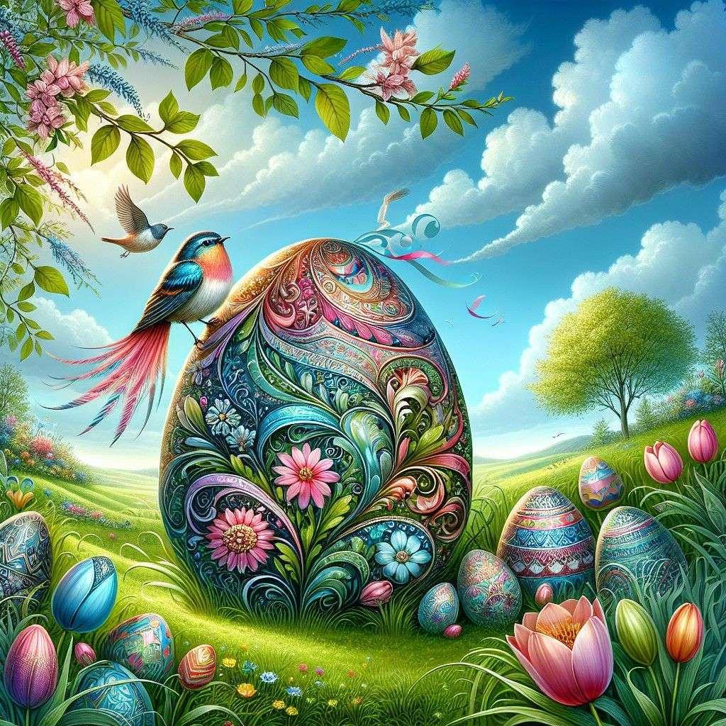 Duże kolorowe pisanki, kwiaty, motyle puzzle online