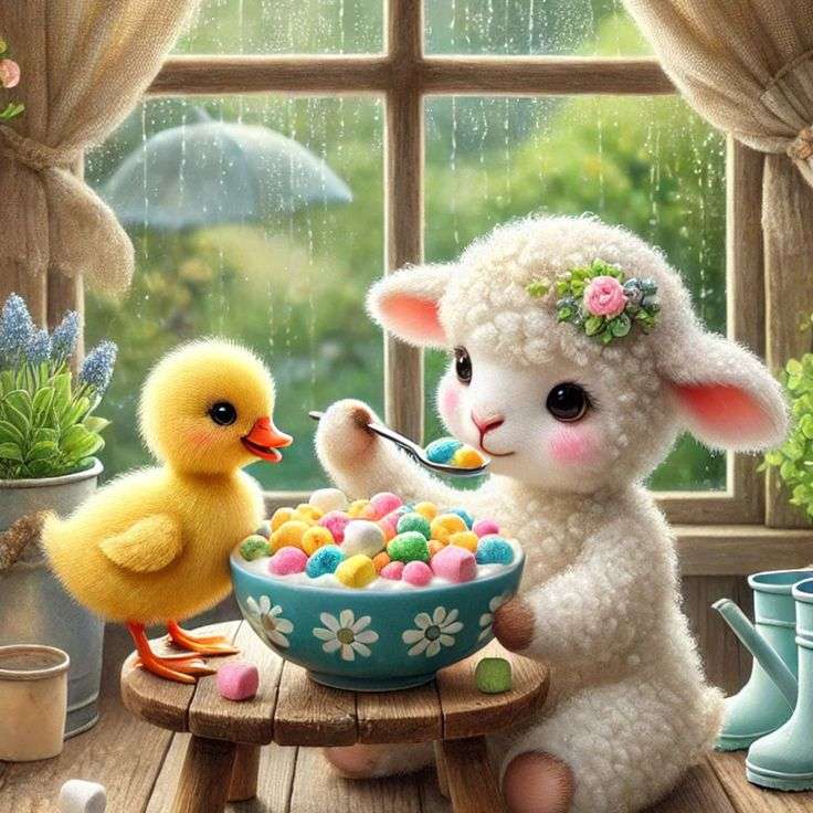 Lamb and duck eating breakfast jigsaw puzzle online