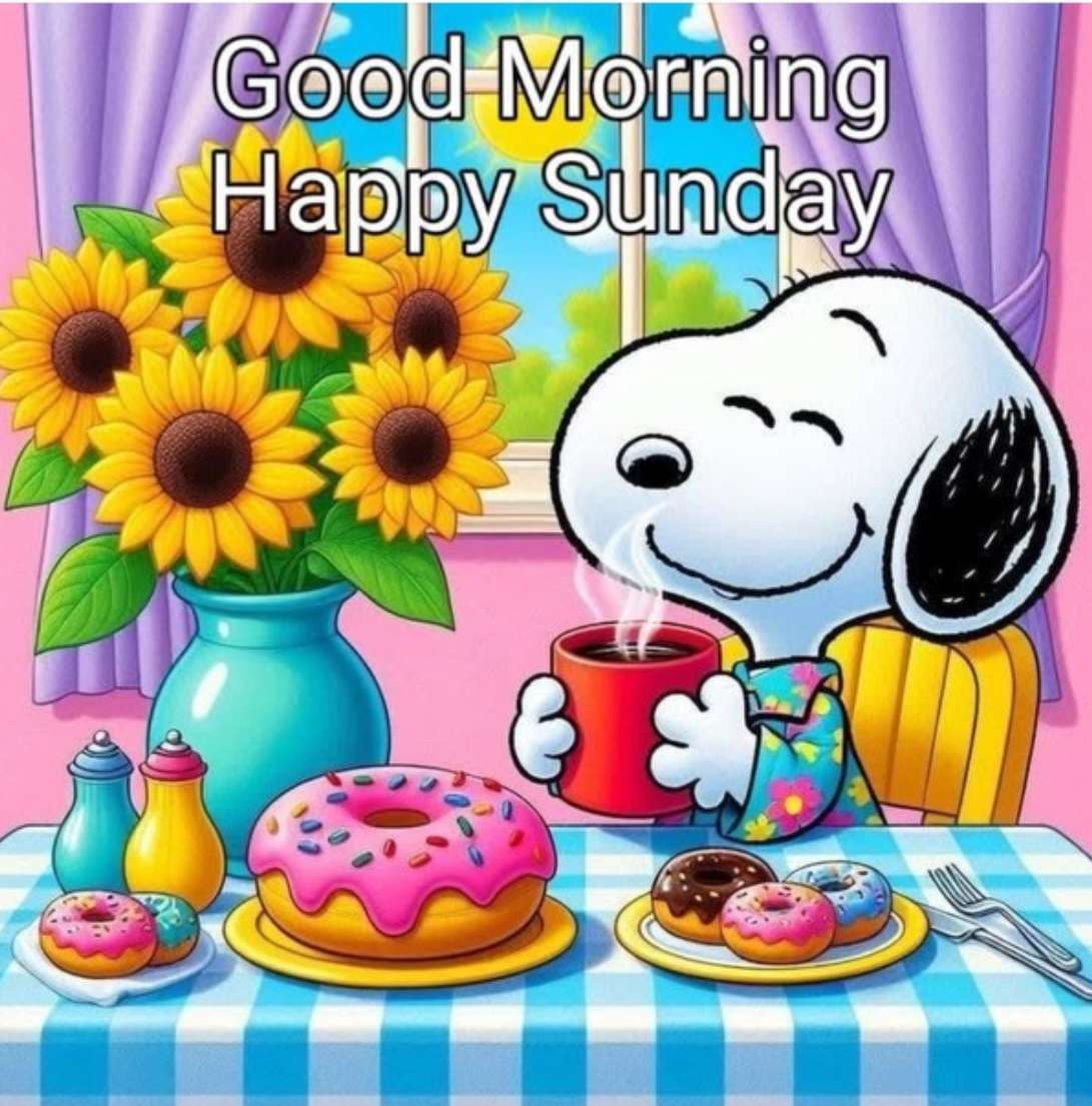 Słoneczniki, kawa i pączki sprawiają, że Snoopy są szczęśliwe! puzzle online