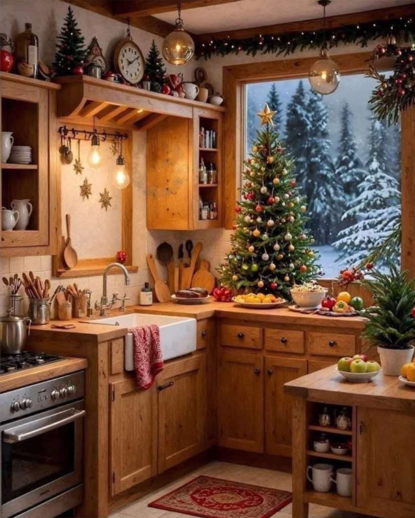 Naturalne drewniane kuchnia na Boże Narodzenie puzzle online