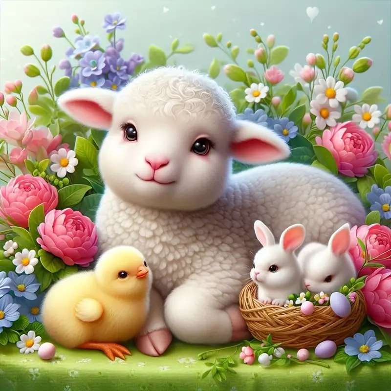 Easter lamb and chickens - online puzzle