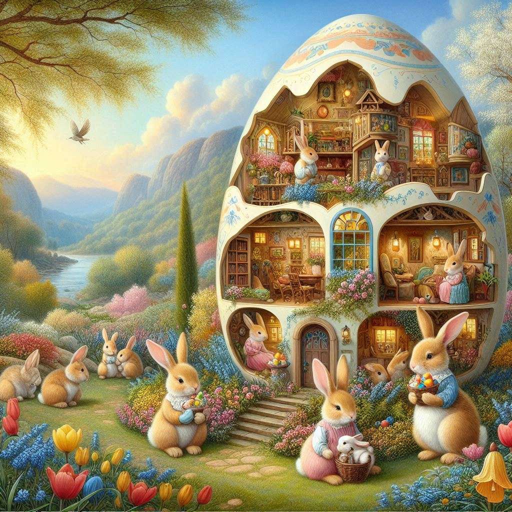 Rodzina króliczków żyjących w dużym wielkanocnym jajku puzzle online