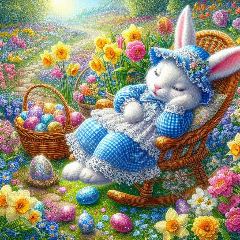 Święty królik siedzący na bujanym krześle śpiąc puzzle online