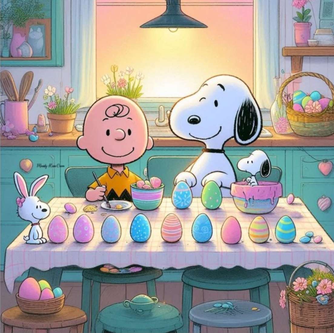 Chuck e Snoopy decoram ovos com cores da primavera quebra-cabeças online