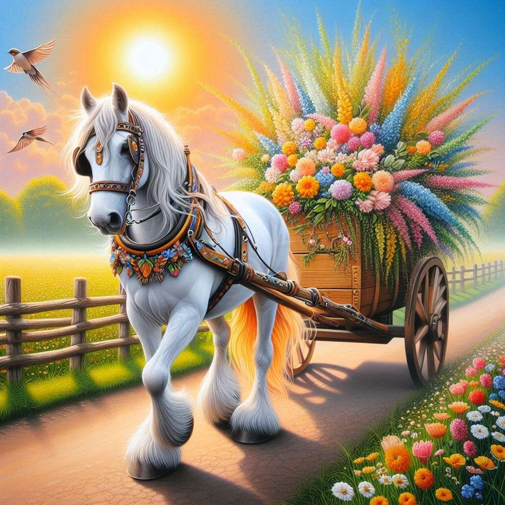 Biały koń ciągnął wózek z kwiatami puzzle online