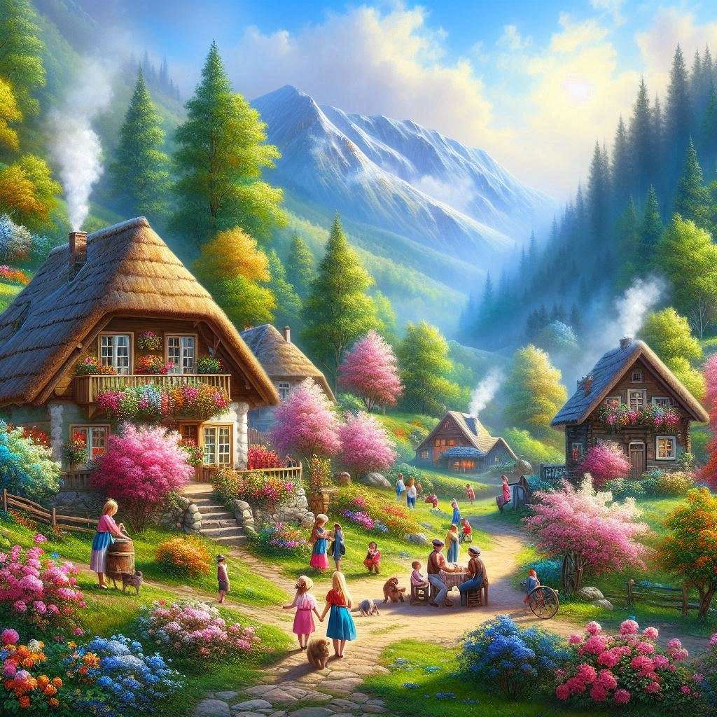 Mała górska wioska na wiosnę puzzle online