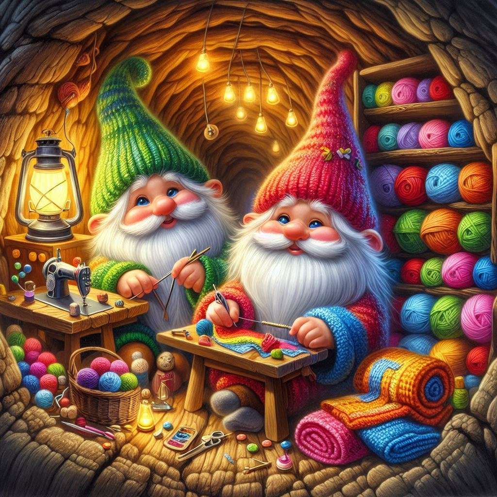 Śliczne gnomy z białymi włosami i długą brodą puzzle online