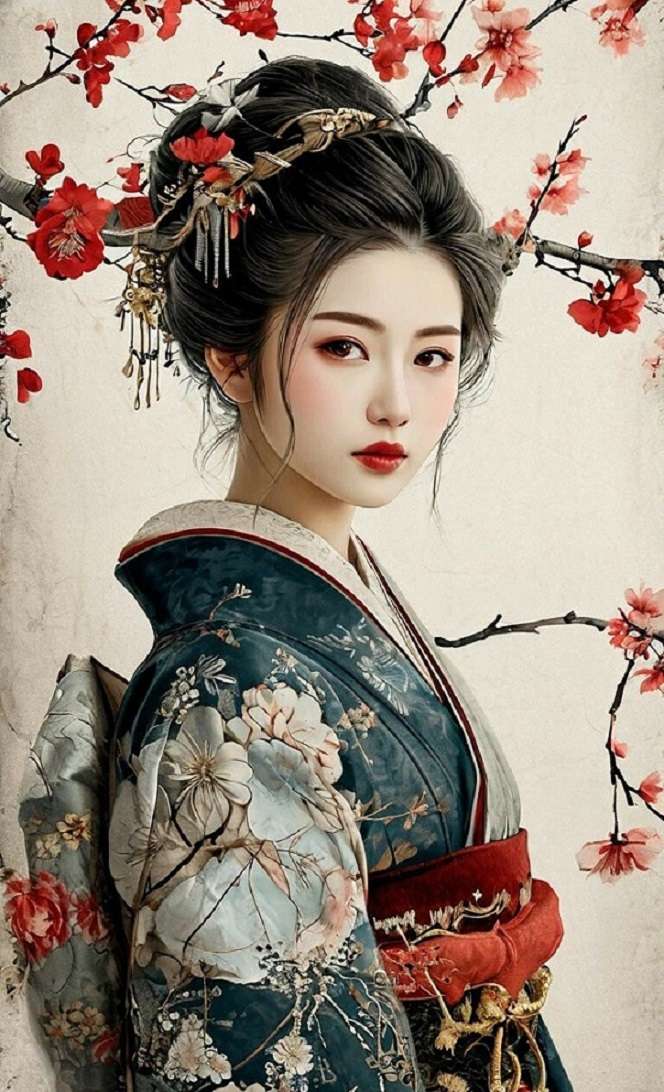 Bella geisha, fiore di ciliegia puzzle online