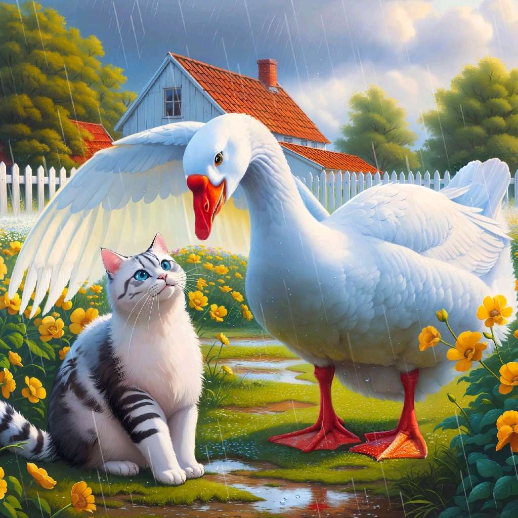Kot spotyka się z gęsią podczas Deszczu puzzle online