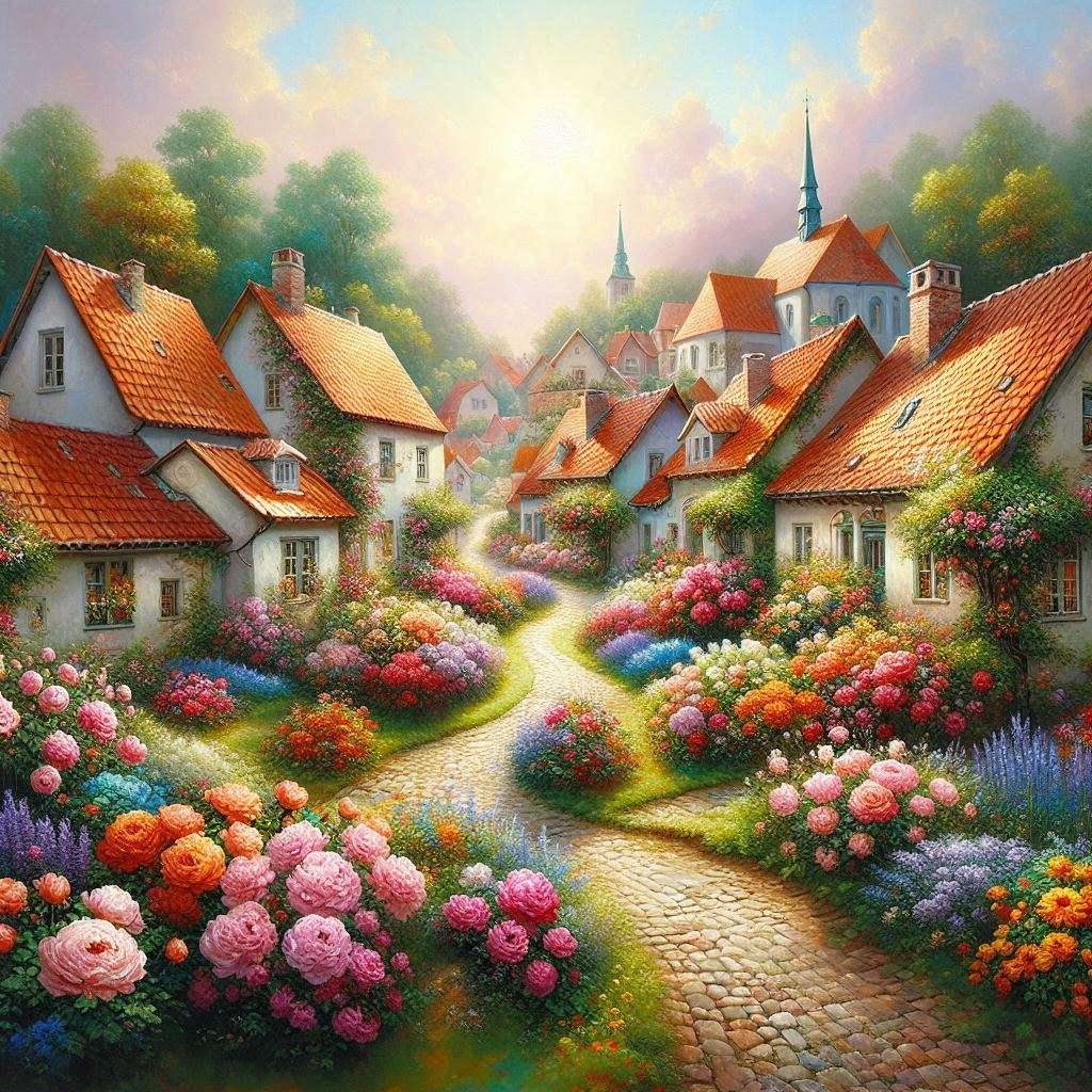 Quaint Village and Vibrant Flower Bed online puzzle