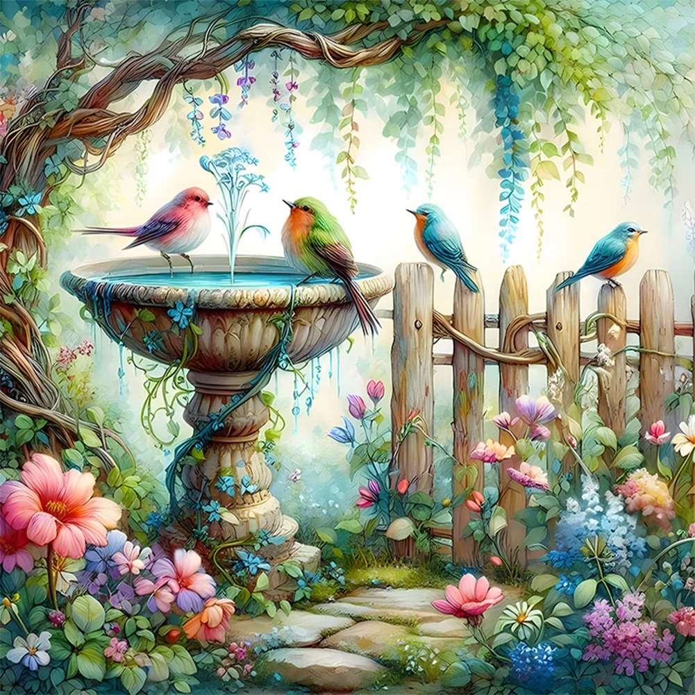 Ptaki piją wodę przy fontannie puzzle online