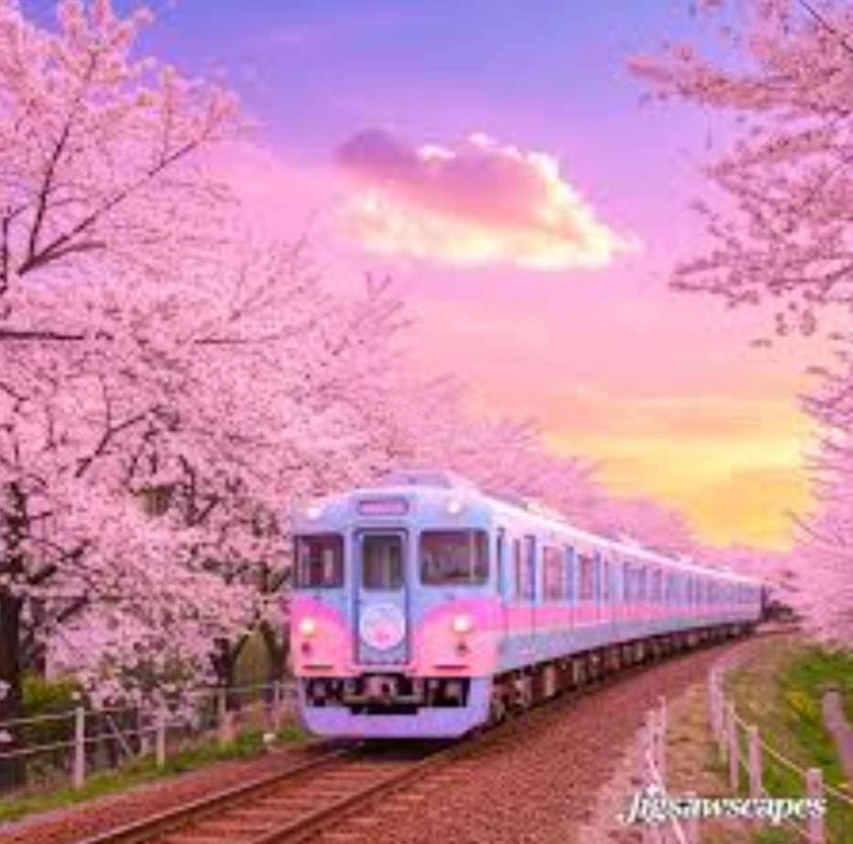 By train through avenues of flowering cherries Japan online puzzle