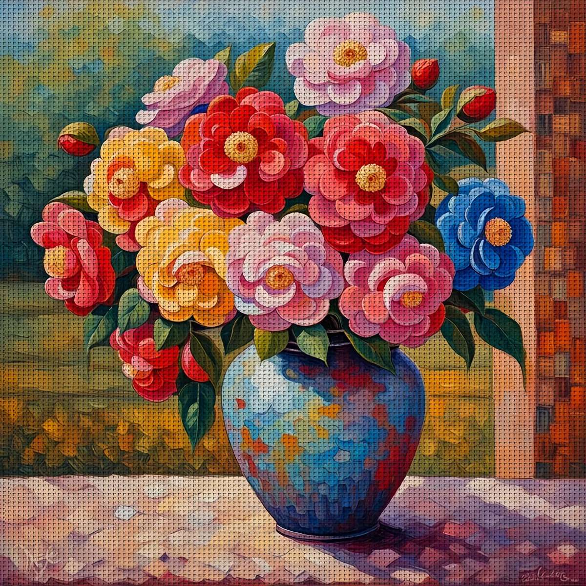 青い花瓶の花の花束 ジグソーパズルオンライン