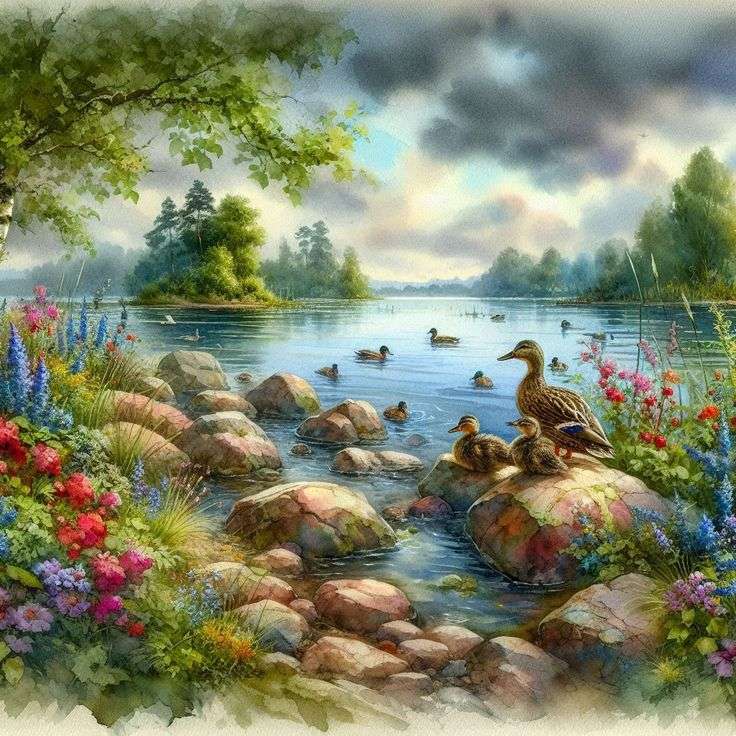 Jezioro, kaczki, wiosna puzzle online