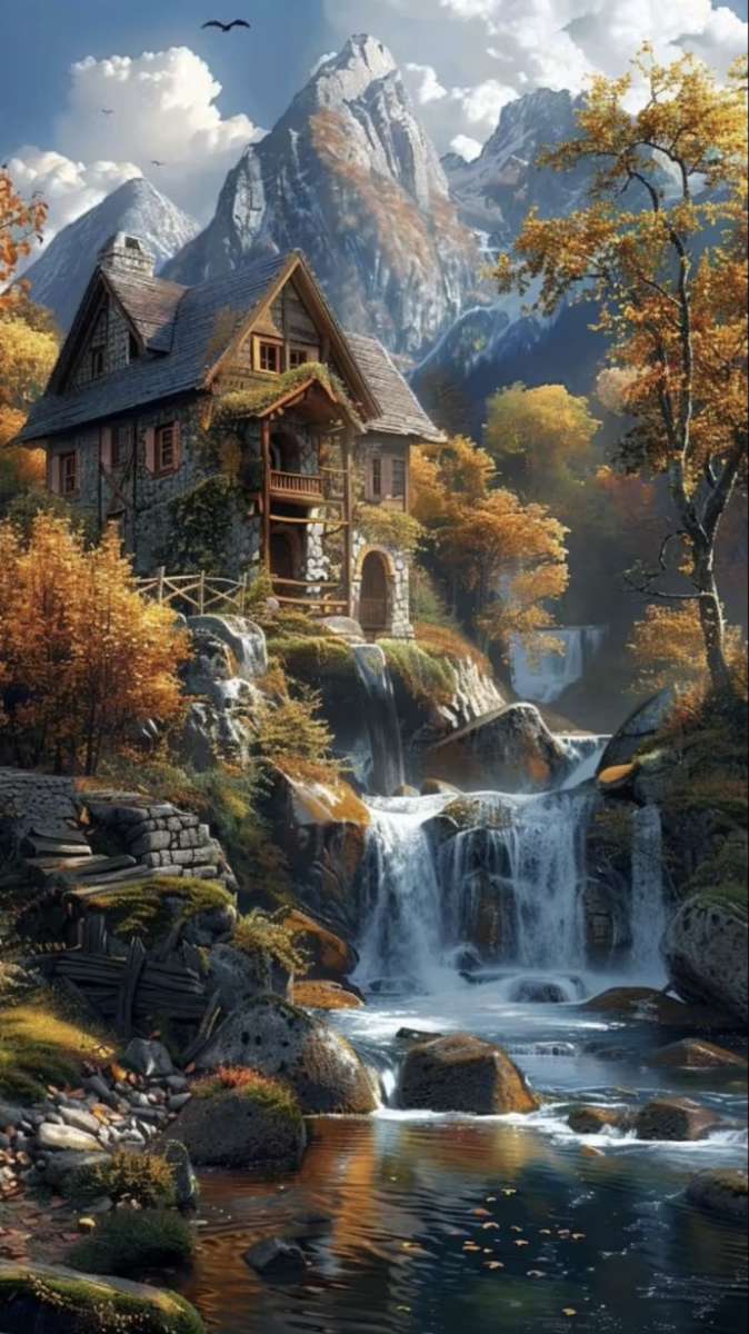 Vlakbij de waterval staat een huis legpuzzel online