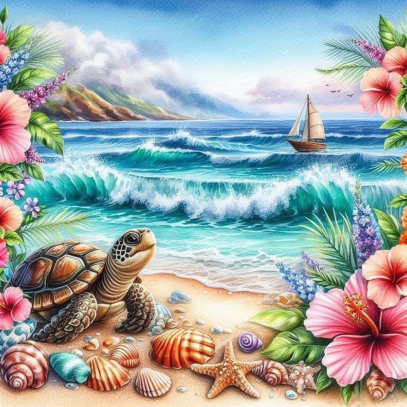 Tortue au bord de la mer puzzle en ligne