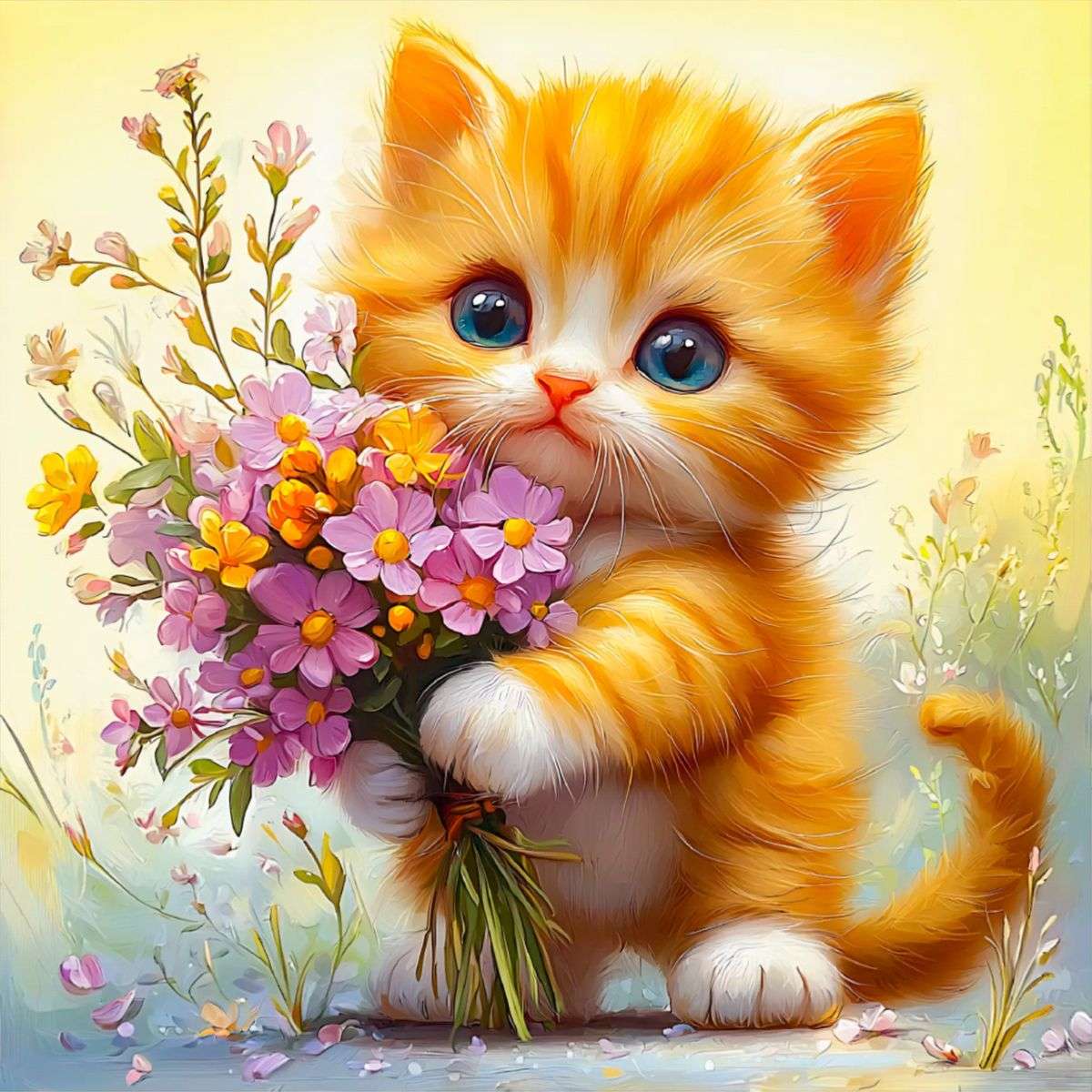 A little sweet kitten with a bouquet jigsaw puzzle online