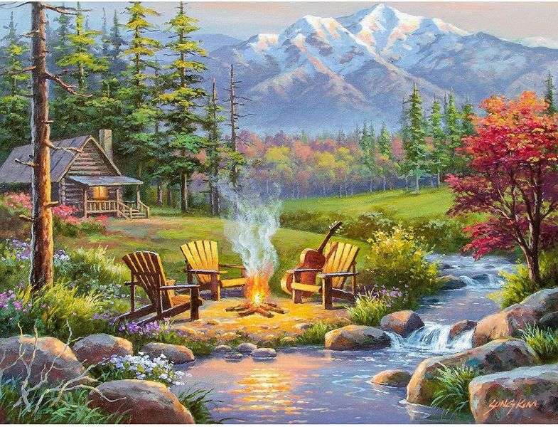 Ognisko przy drewnianej chacie w górach puzzle online