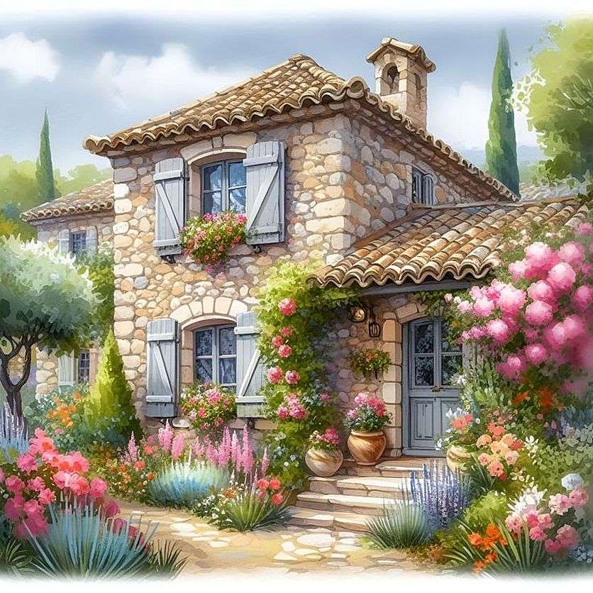 Stone House z niebieskimi okiennicami puzzle online