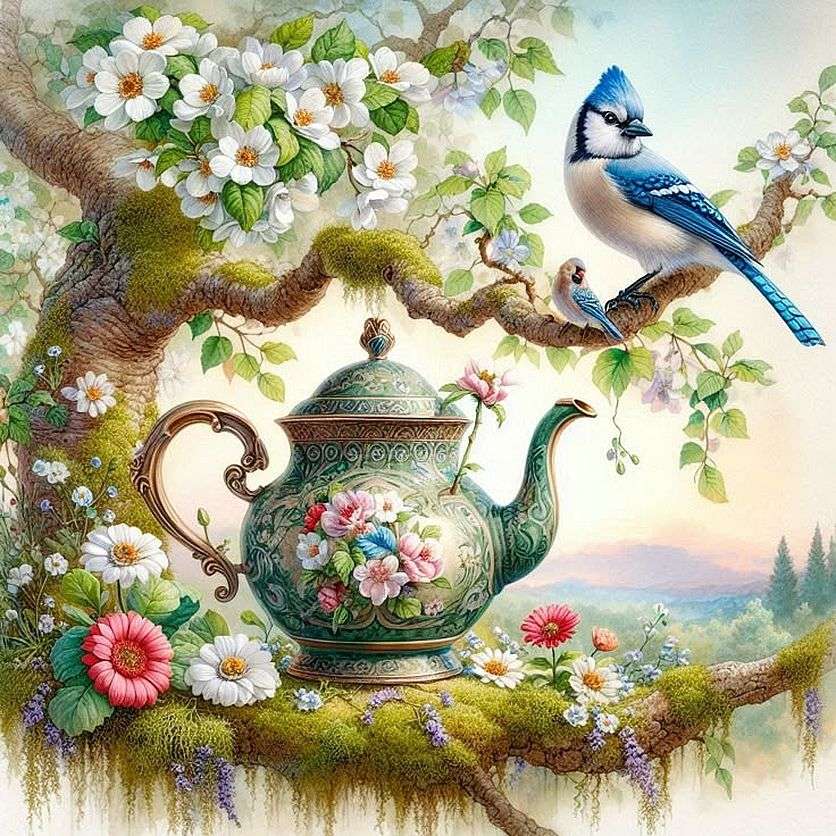 Théière et oiseau bleu puzzle en ligne