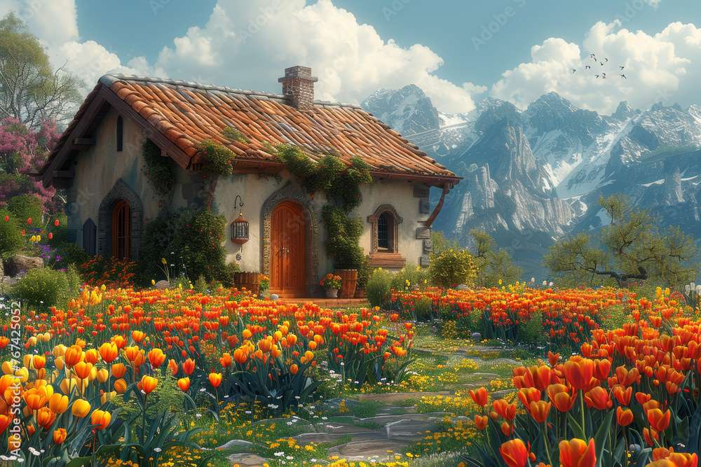 Wiejski dom i Tulipany puzzle online