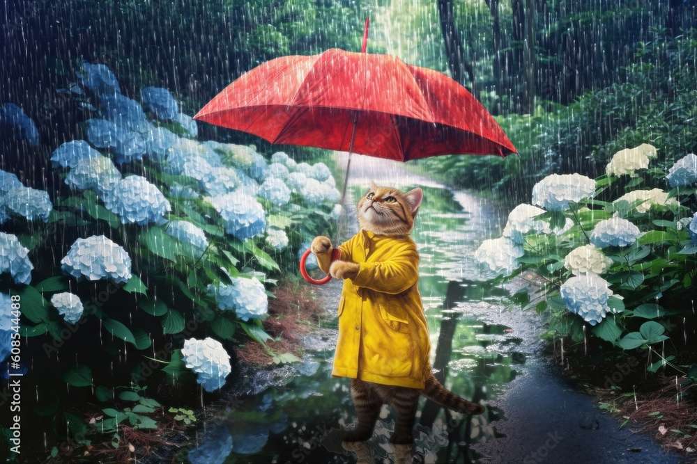 A cat with umbrella and rain jigsaw puzzle online
