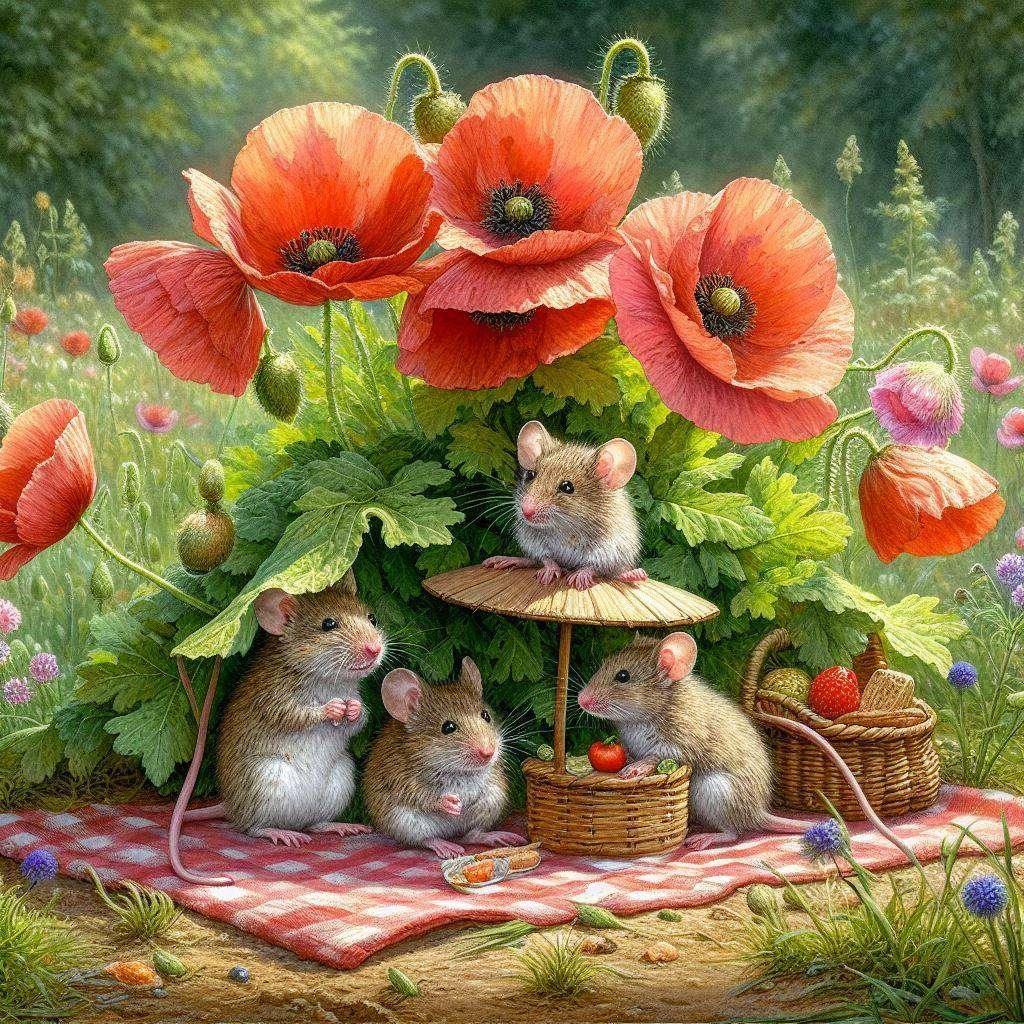 Des souris mignonnes sous des fleurs de pavot puzzle en ligne