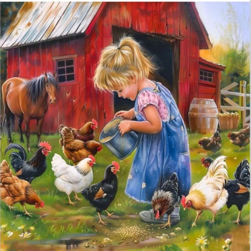 Słodka mała miss karmienie kurczaków. puzzle online