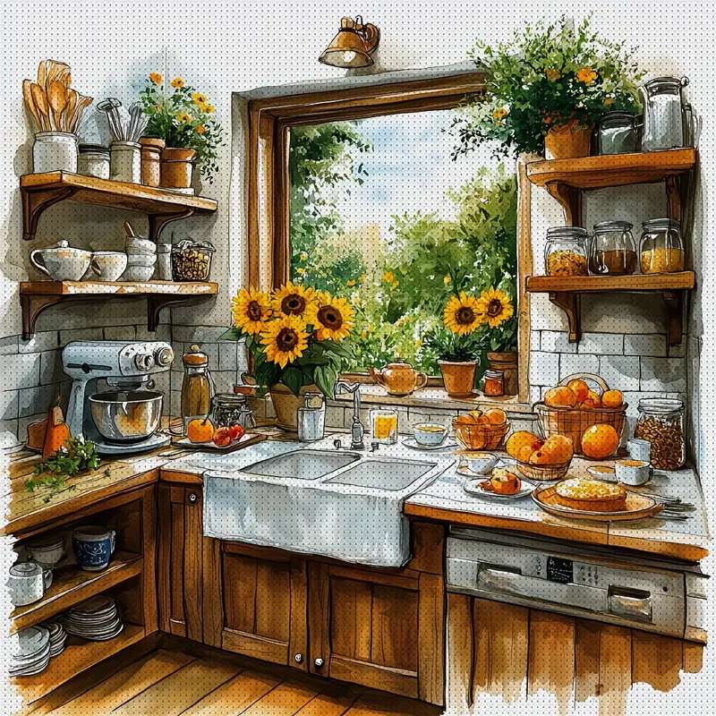 wiejska kuchnia ze słonecznikami puzzle online