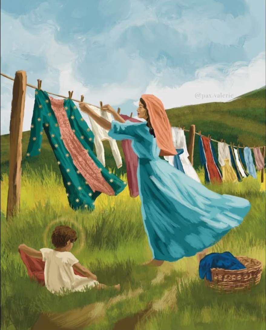 Maryja wisi ubrania, podczas gdy Jezus gra u jej stóp. puzzle online