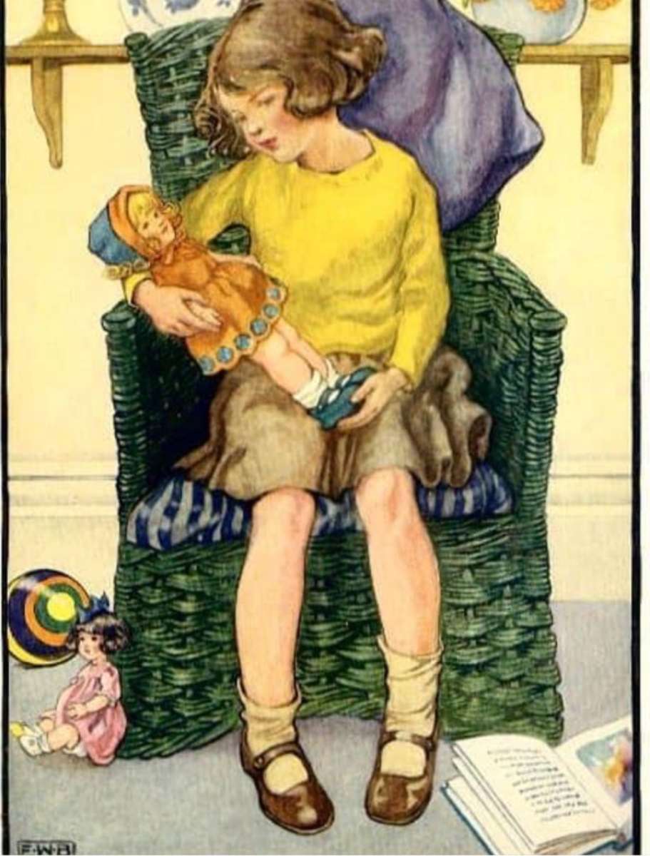 Vintage pocztówka małej dziewczynki ze swoimi lalkami puzzle online