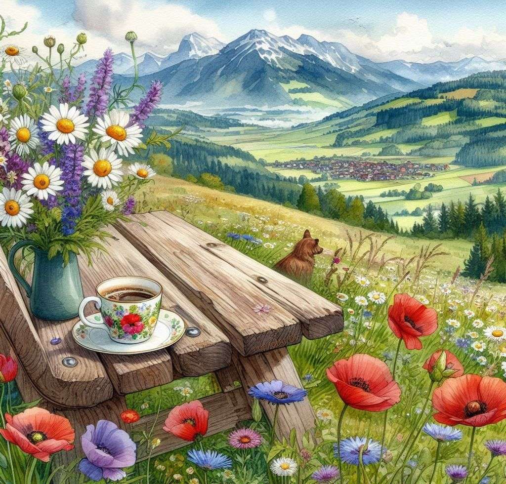 Le café du matin parmi les fleurs puzzle en ligne