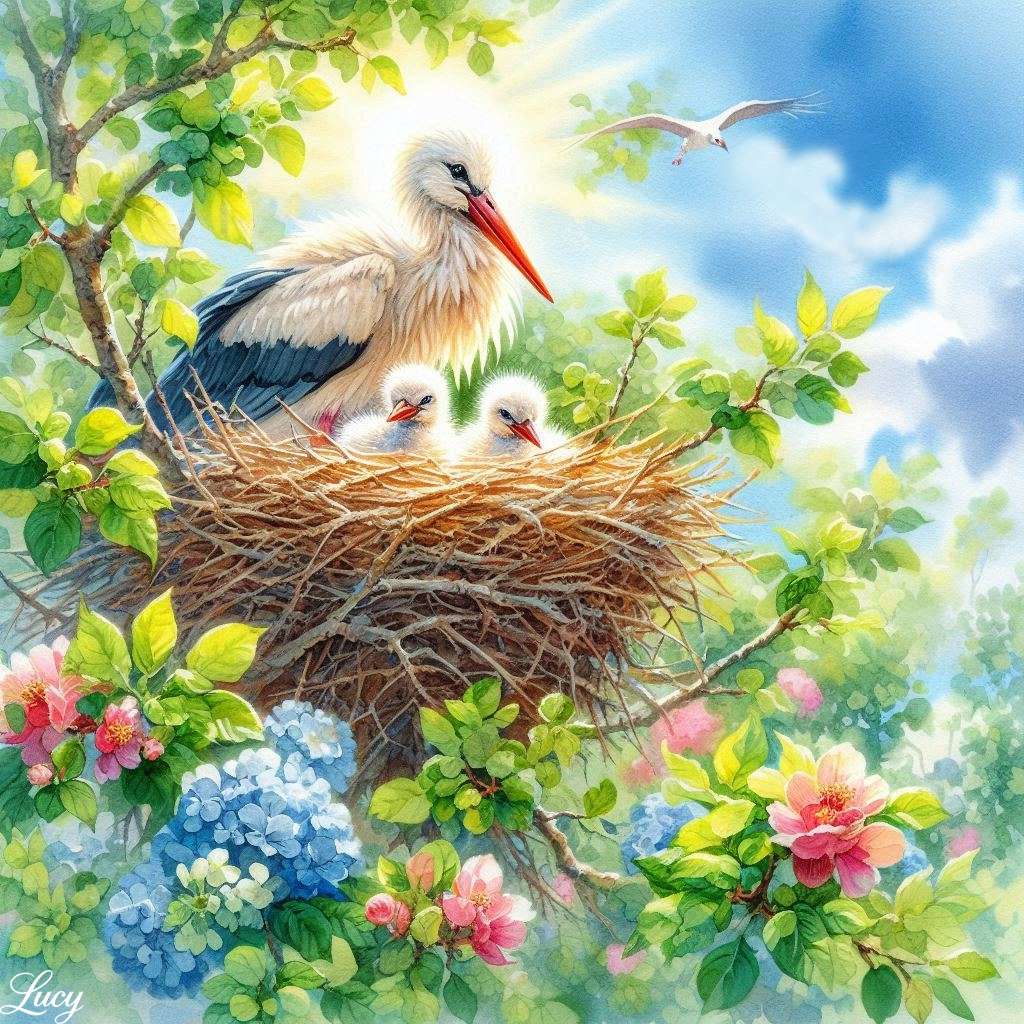Stork's Nest med kycklingar pussel på nätet