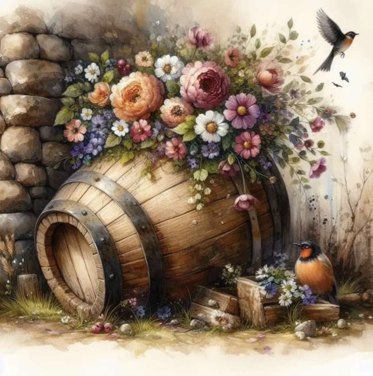 Kwiaty w drewnianym naczyniu puzzle online