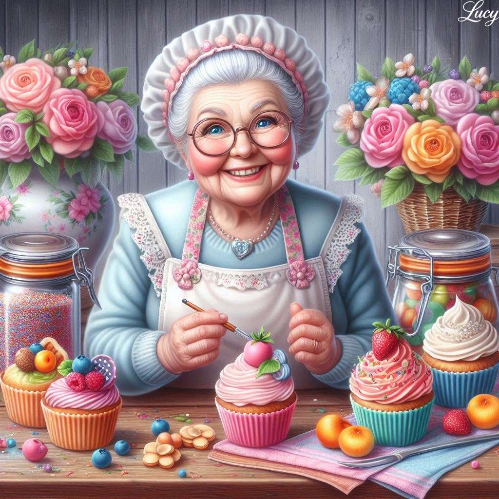 Babcia ubrana w fartuch, ozdobne babeczki puzzle online