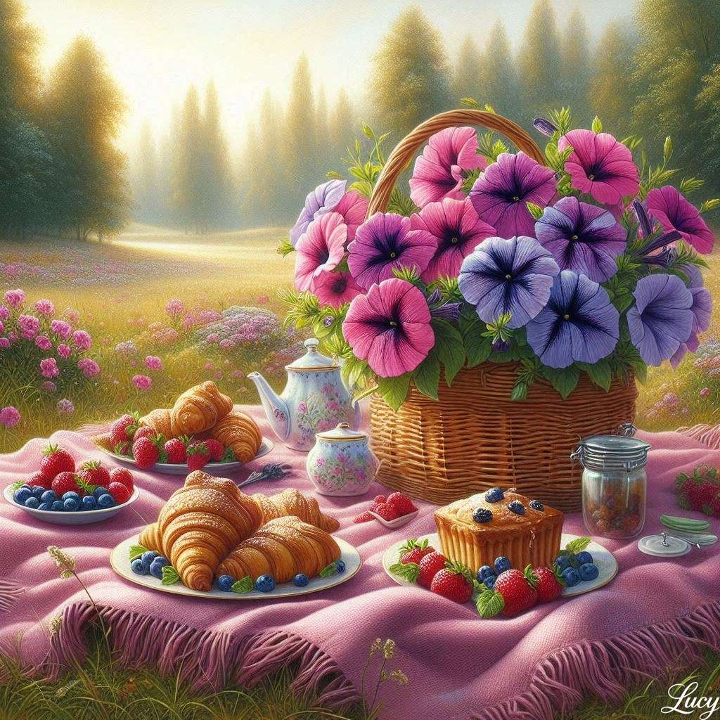 Koc piknikowy z petuniami w wazonach puzzle online