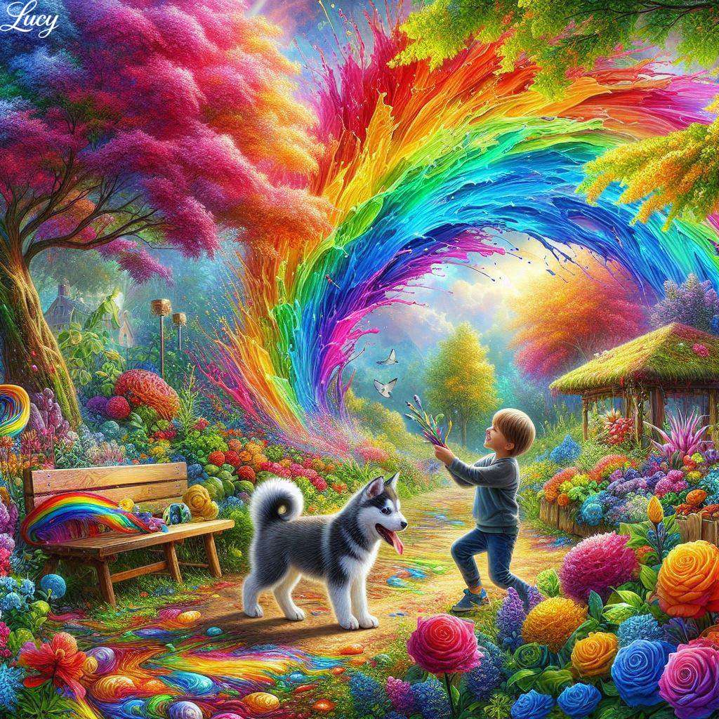Chłopiec bawi się husky szczeniak puzzle online