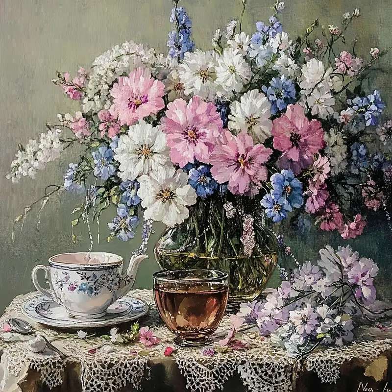 Thé et fleurs sur la table puzzle en ligne