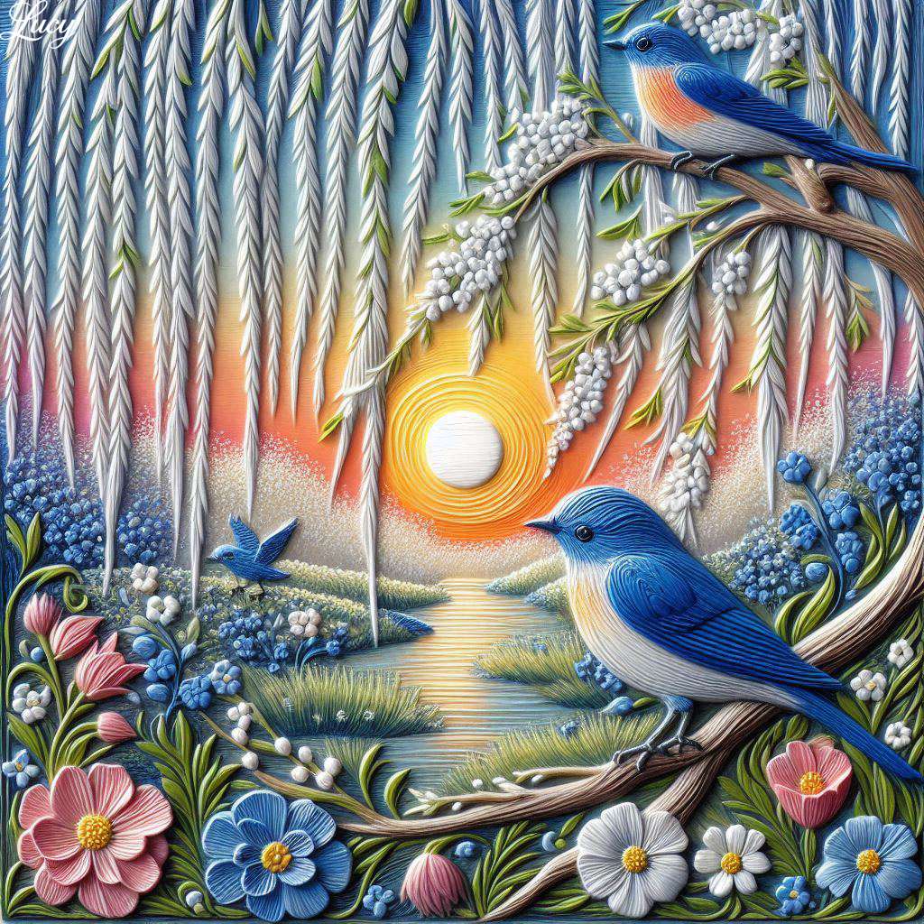 Weeping willow, bluebird, flowers, sunset jigsaw puzzle online