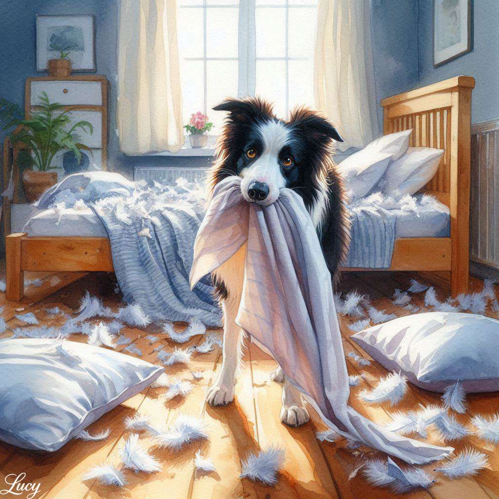 Border Collie pes stojí v útulné ložnici online puzzle