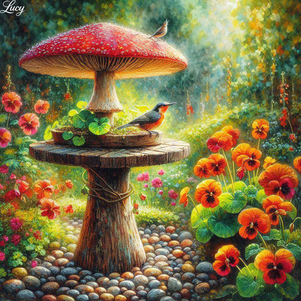 Feeder ptaków wygląda jak duży czerwony grzyb puzzle online