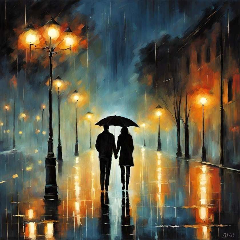 雨の中で手を握っているカップル オンラインパズル