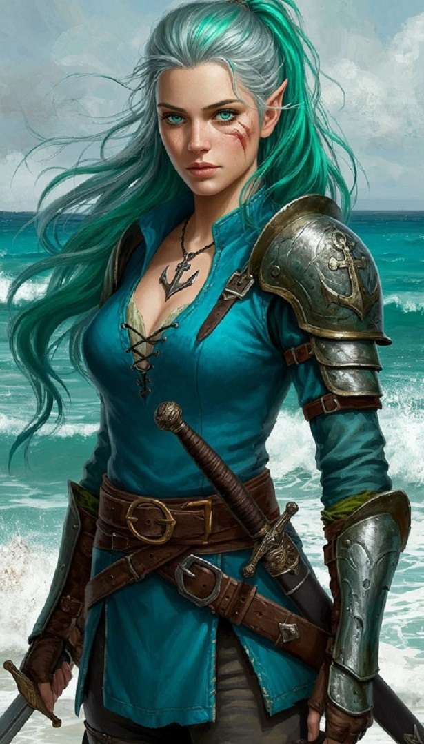 青のエルフの女の子は海による オンラインパズル