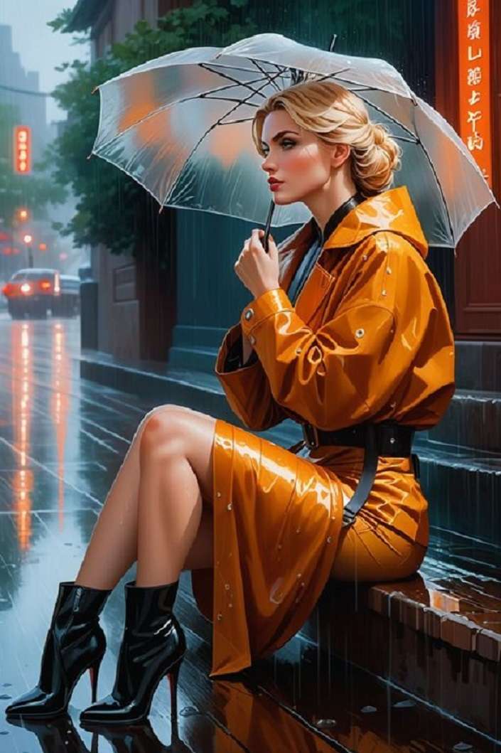 Deštivý den blondýna s deštníkem online puzzle