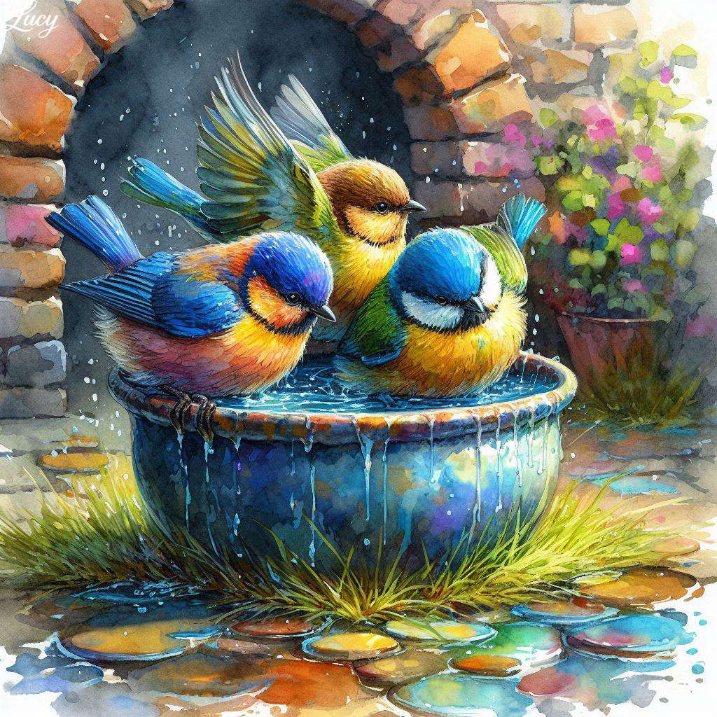3 kolorowe ptaki, żartobliwie rozpryskujące się puzzle online
