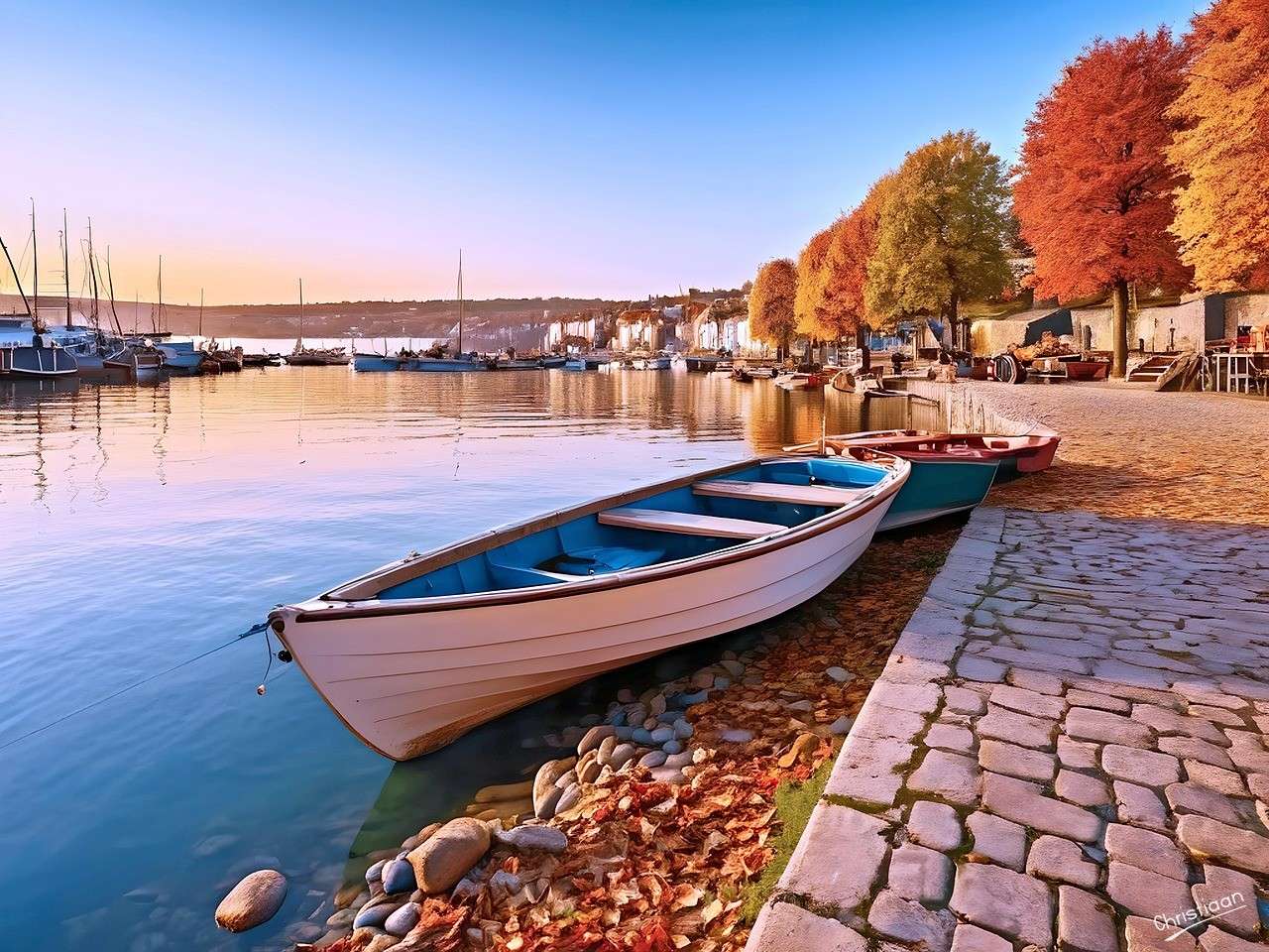 Łódź, natura, zachód słońca. puzzle online