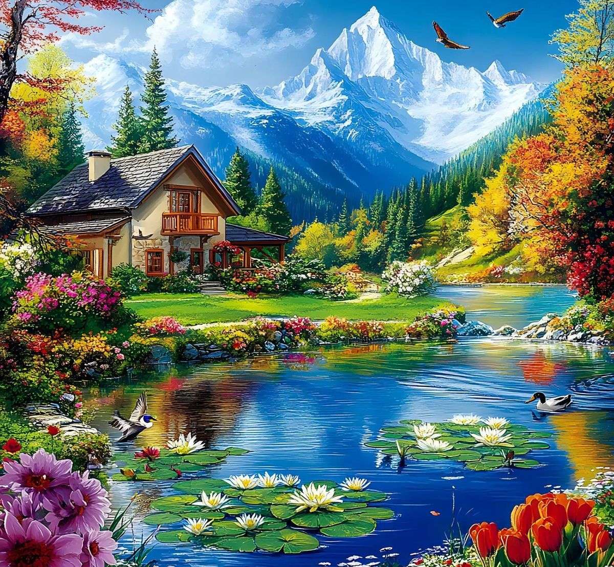 Lago con gigli e anatre puzzle online