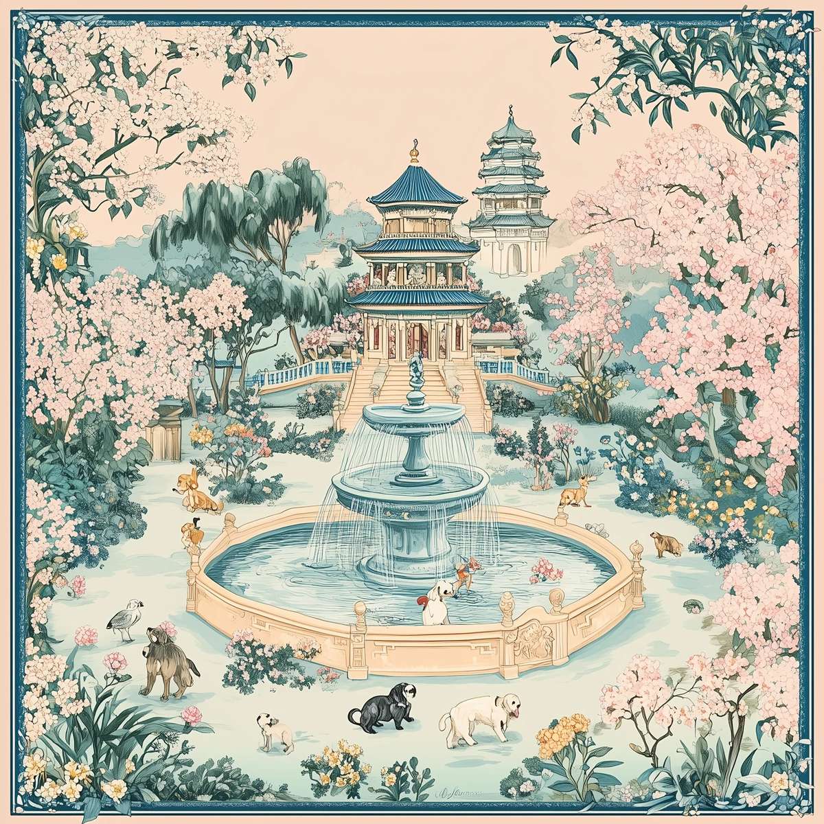 Gyllene fontän i den kinesiska trädgården pussel på nätet